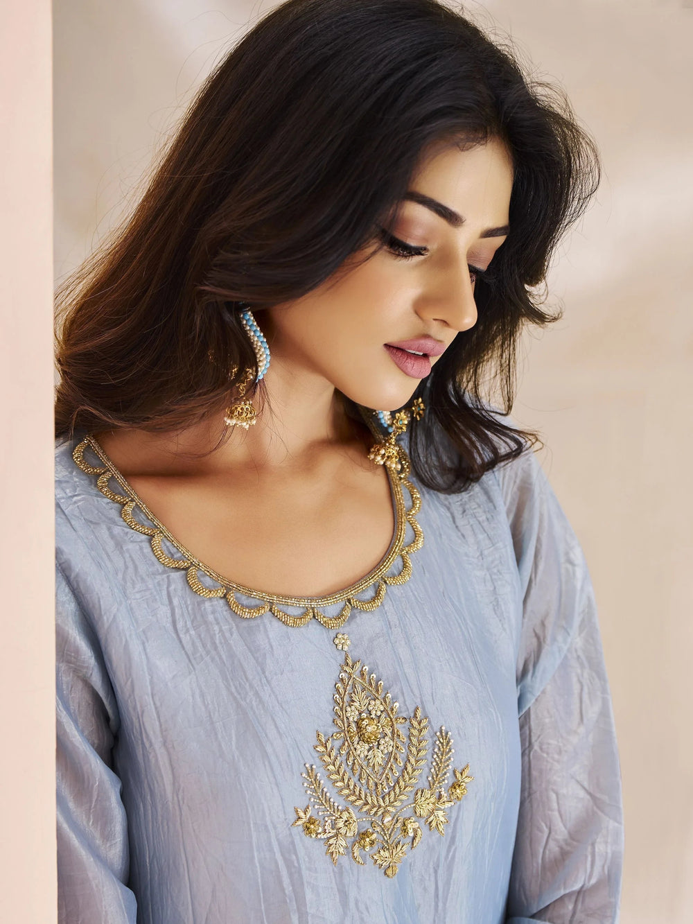 Dusty Blue Embroidered Organza Festival Wear Pant Suit