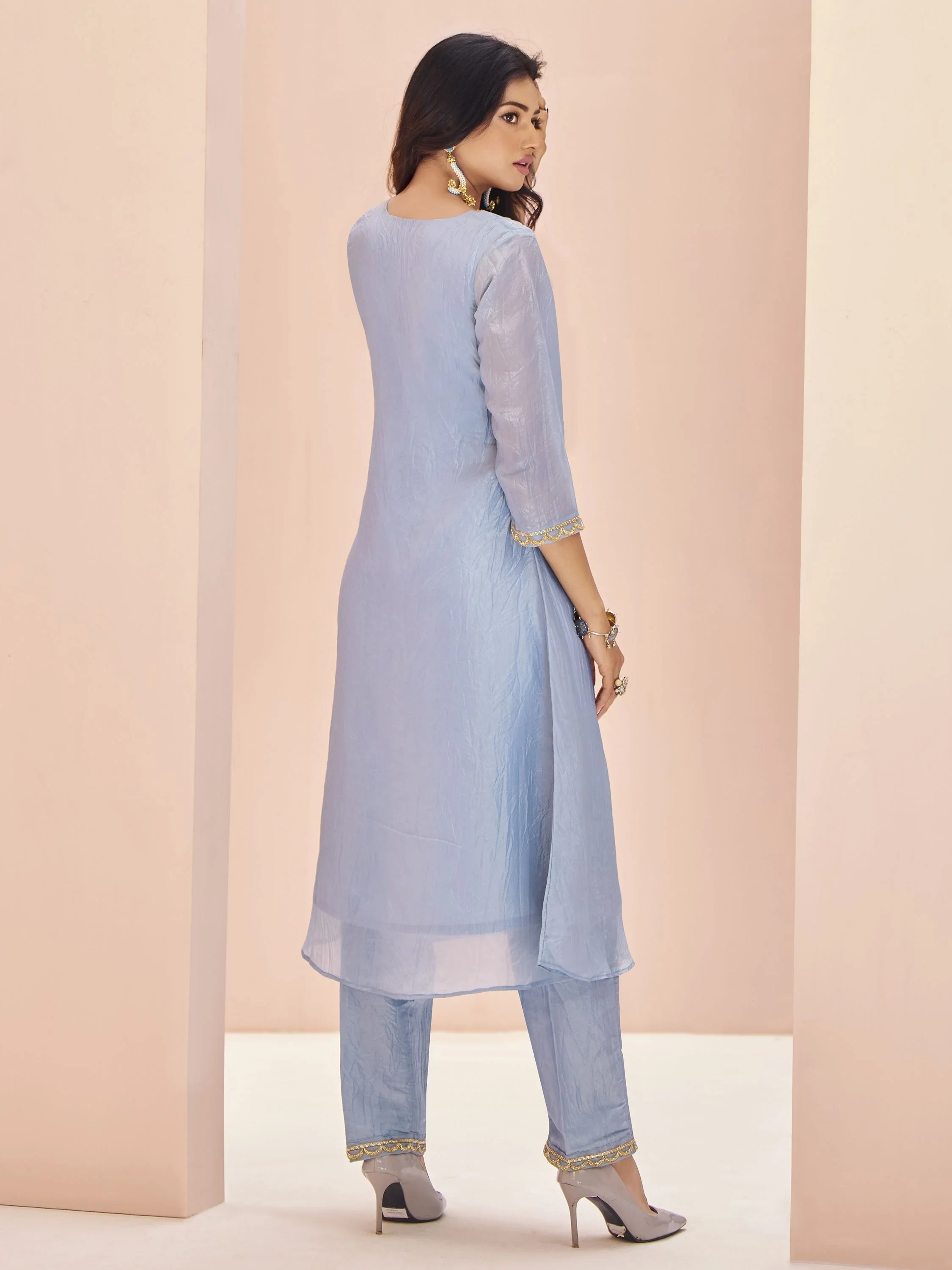 Dusty Blue Embroidered Organza Festival Wear Pant Suit