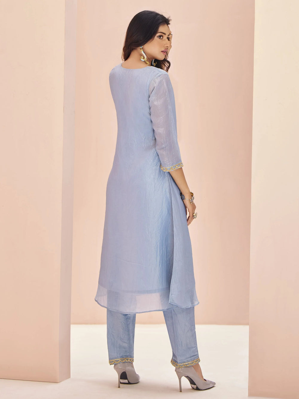 Dusty Blue Embroidered Organza Festival Wear Pant Suit
