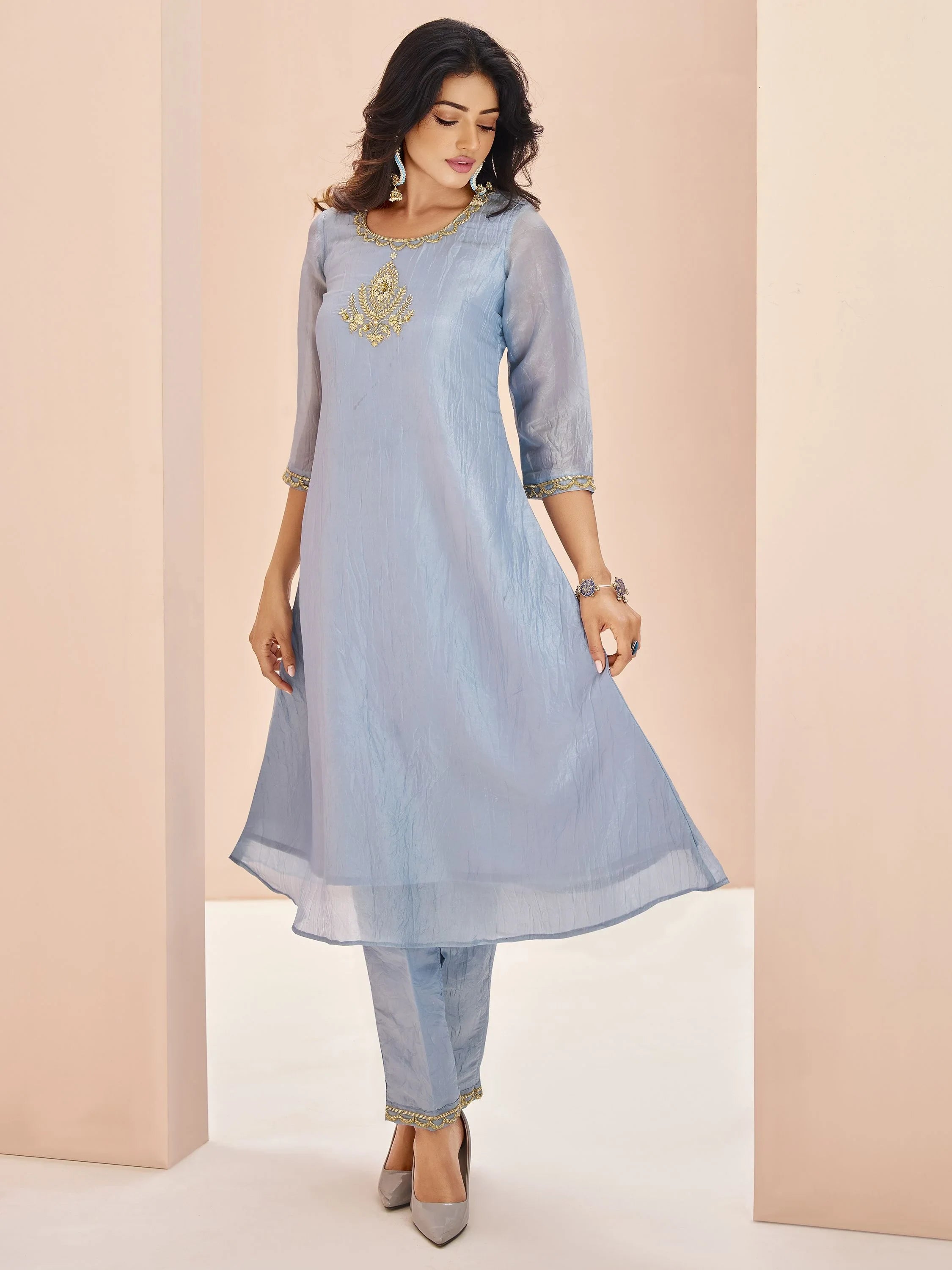 Dusty Blue Embroidered Organza Festival Wear Pant Suit