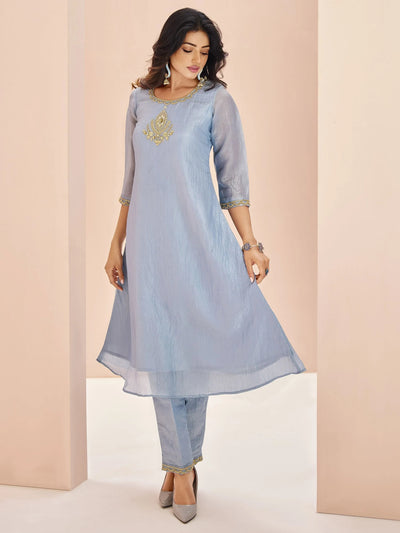 Dusty Blue Embroidered Organza Festival Wear Pant Suit