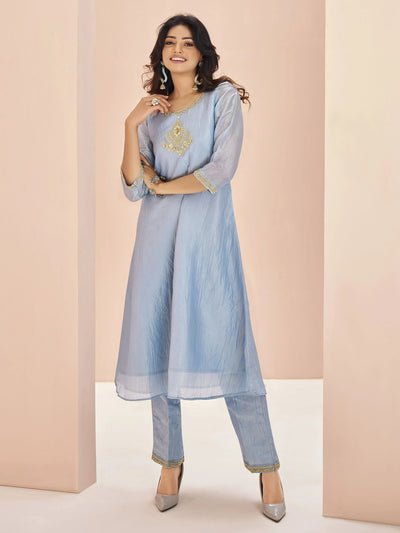 Dusty Blue Embroidered Organza Festival Wear Pant Suit