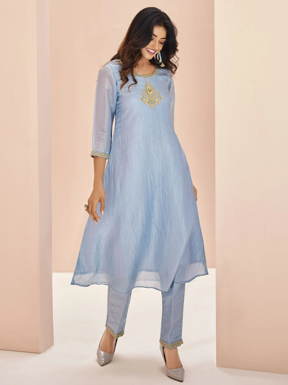 Dusty Blue Embroidered Organza Festival Wear Pant Suit