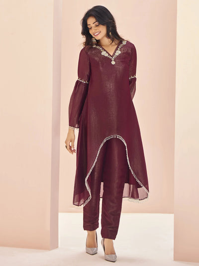 Maroon Embroidered Organza Designer Pant Suit