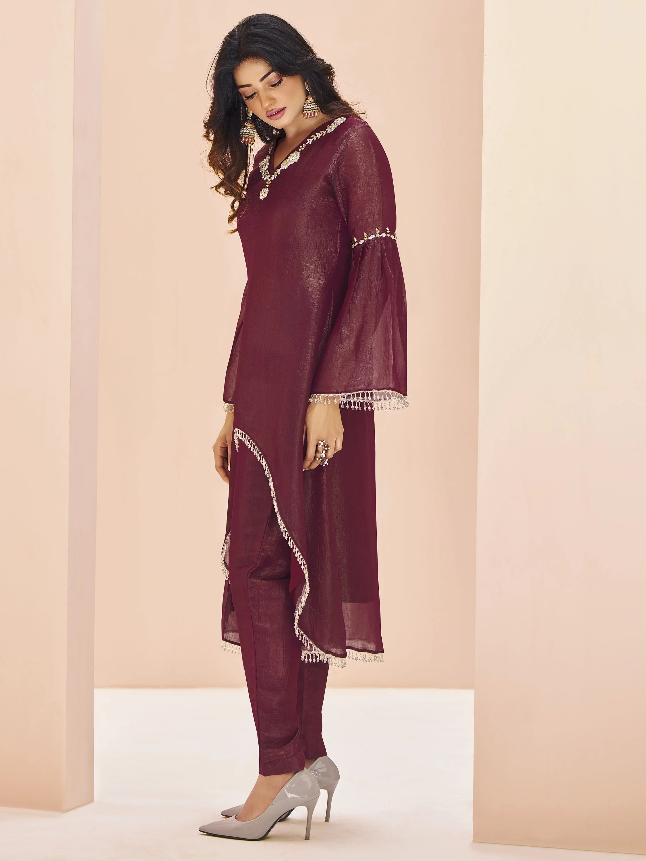 Maroon Embroidered Organza Designer Pant Suit