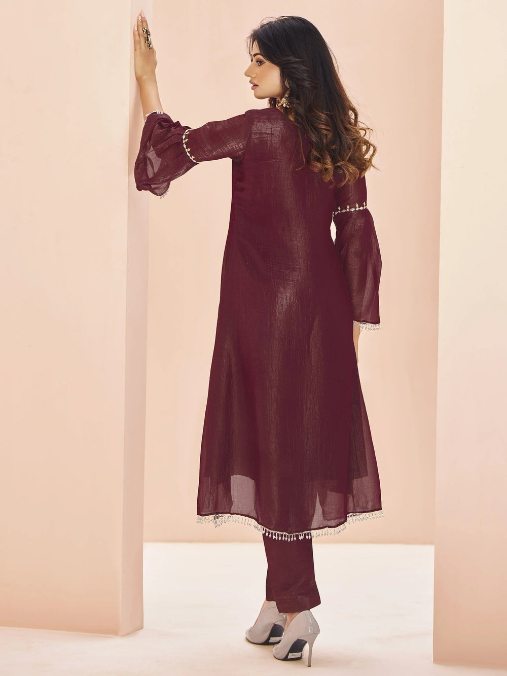 Maroon Embroidered Organza Designer Pant Suit