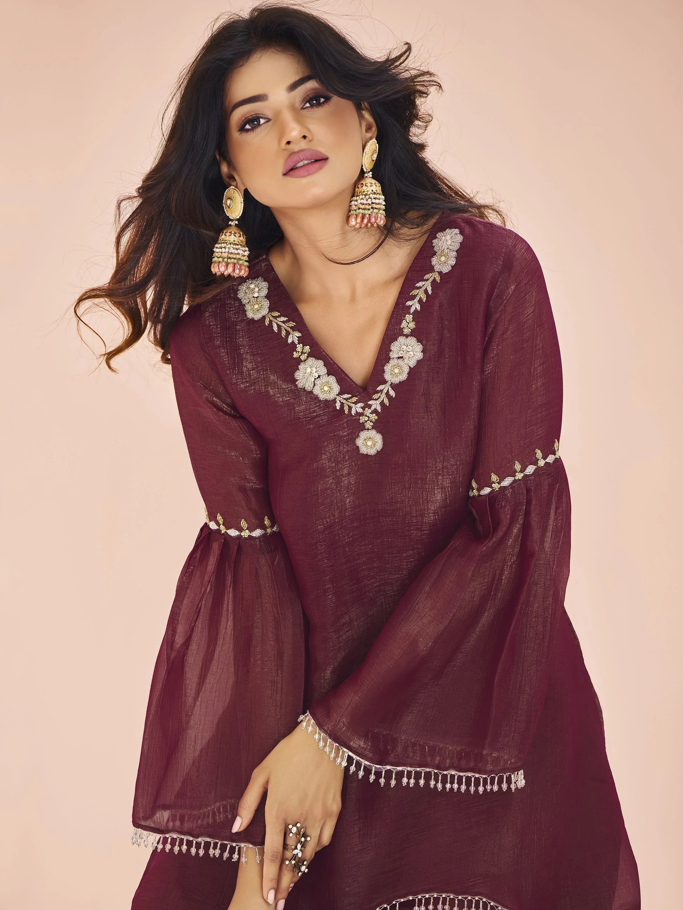 Maroon Embroidered Organza Designer Pant Suit