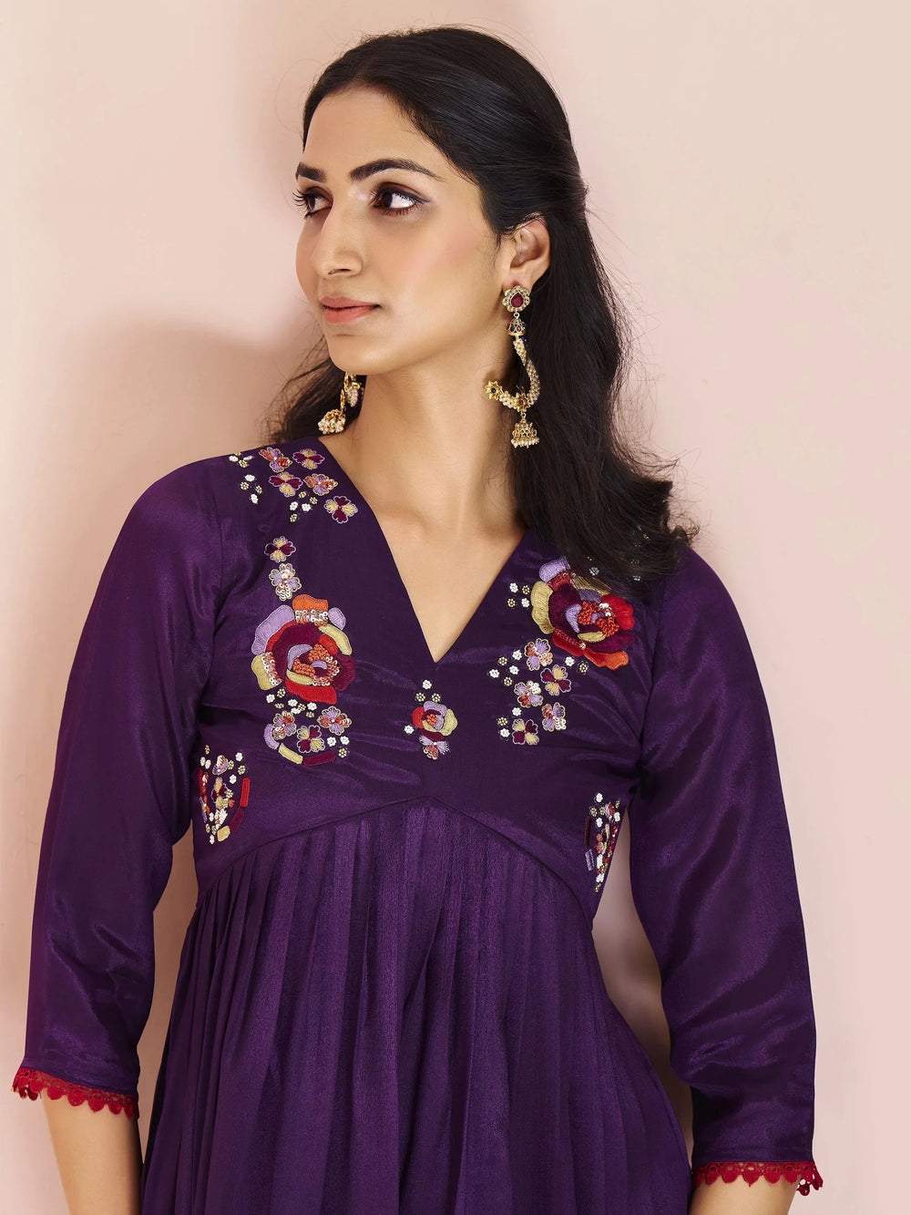 Wine Embroidered Chinon Traditional Pant Suit