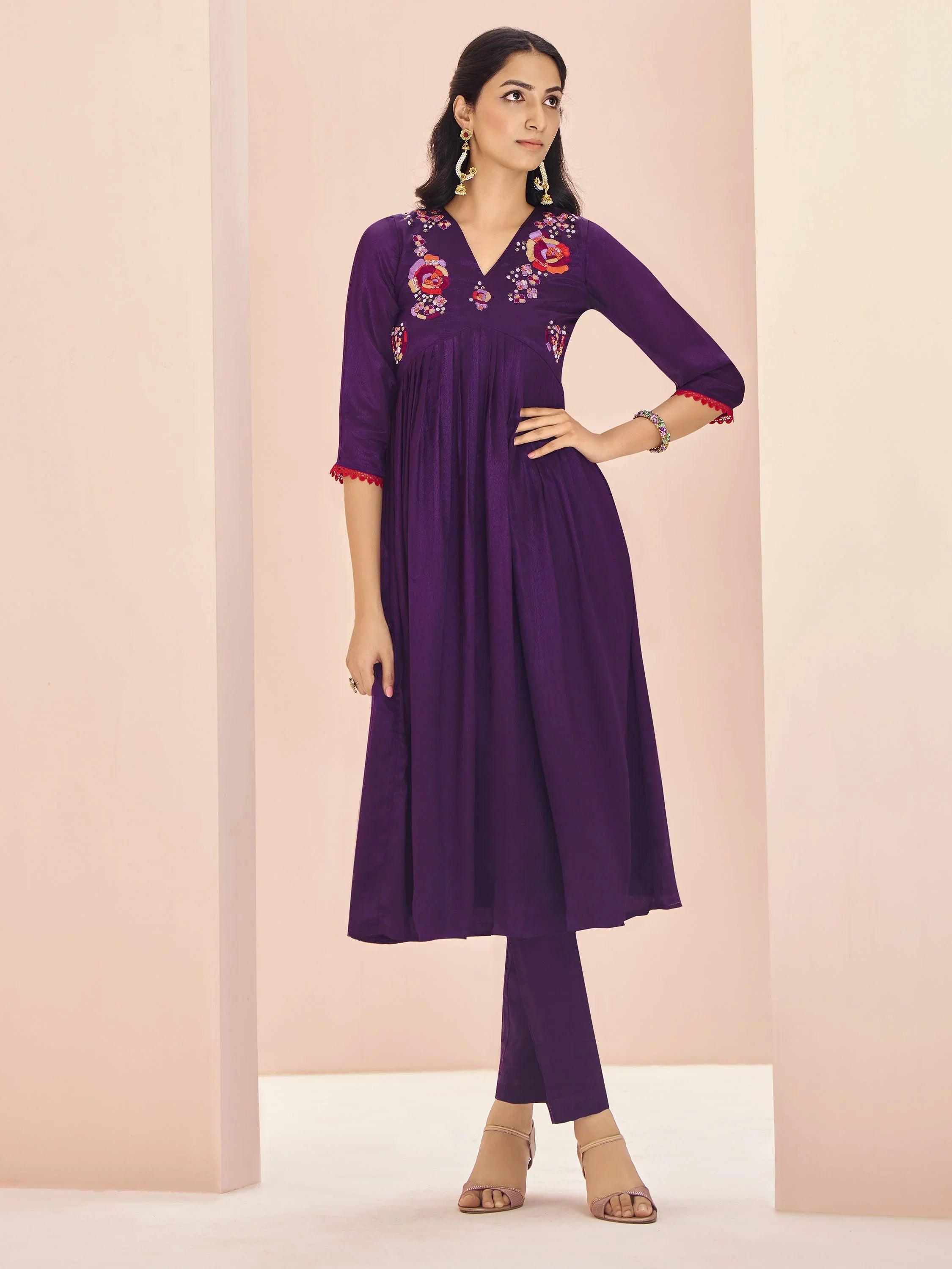 Wine Embroidered Chinon Traditional Pant Suit