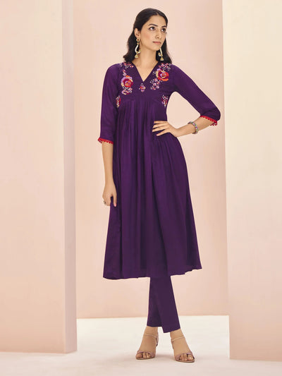 Wine Embroidered Chinon Traditional Pant Suit