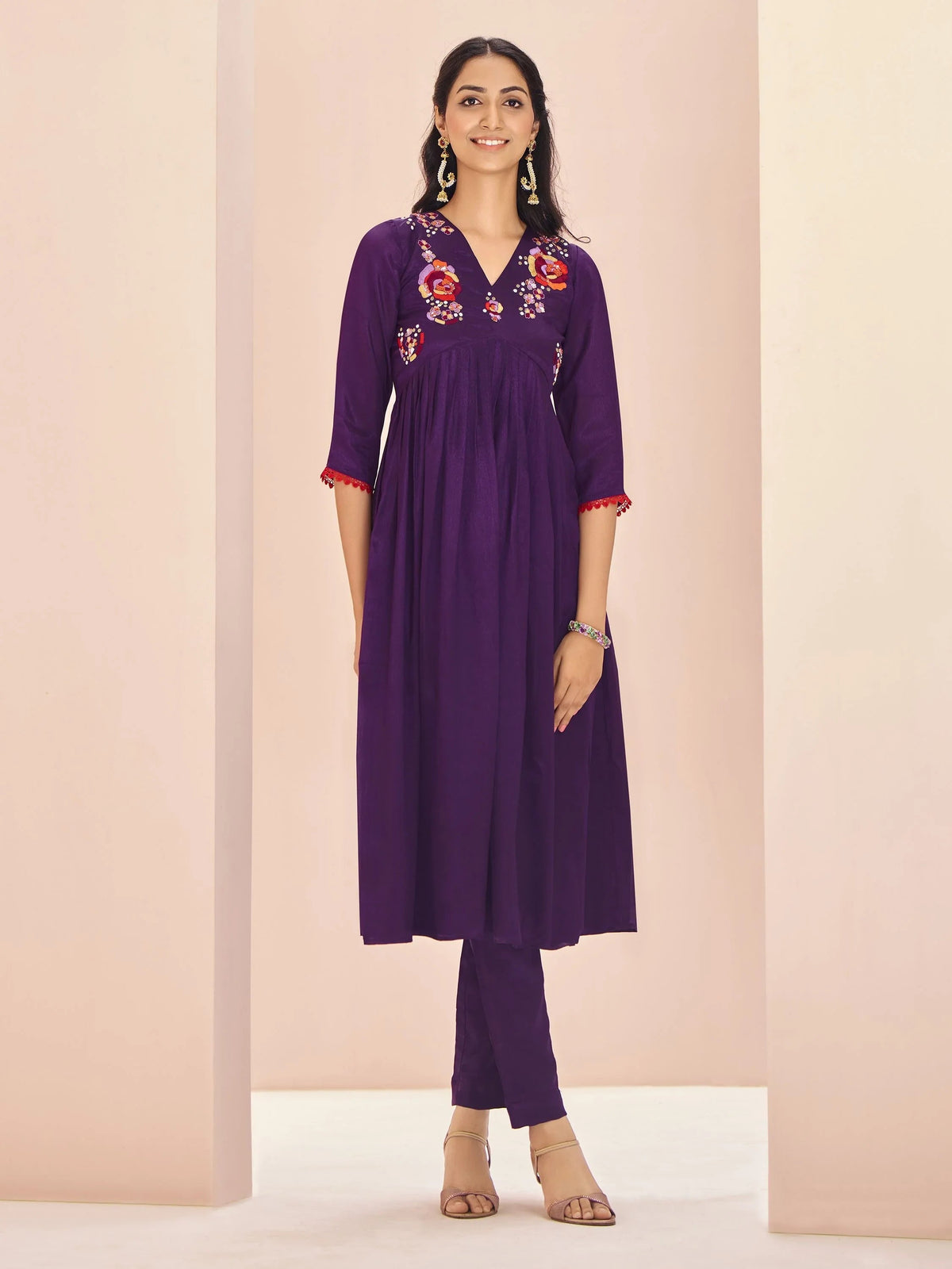 Wine Embroidered Chinon Traditional Pant Suit