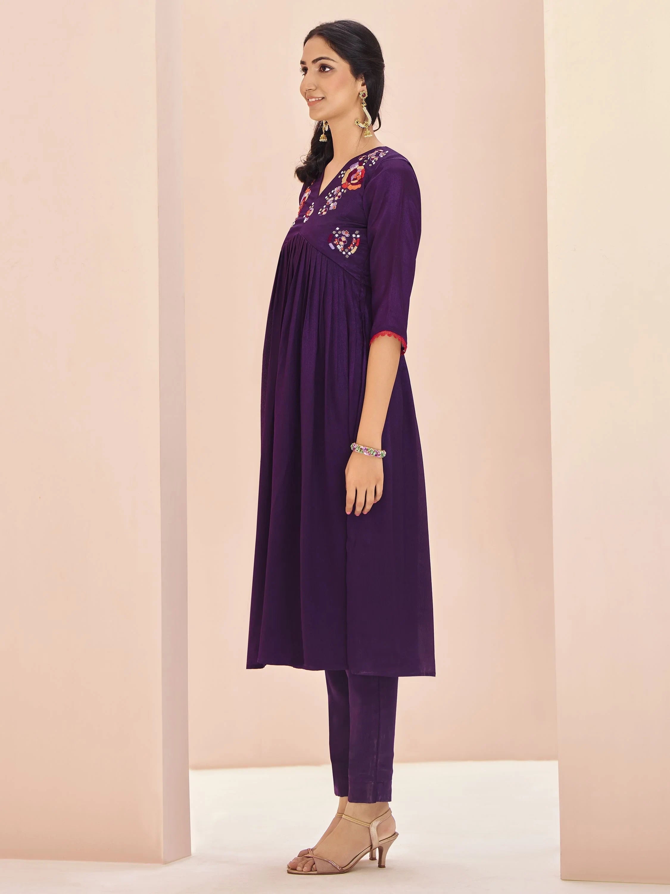 Wine Embroidered Chinon Traditional Pant Suit