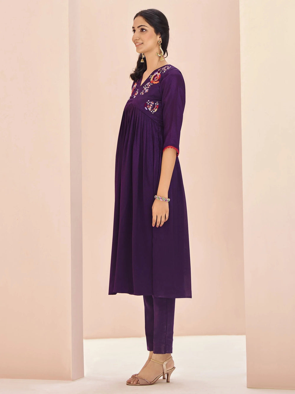 Wine Embroidered Chinon Traditional Pant Suit