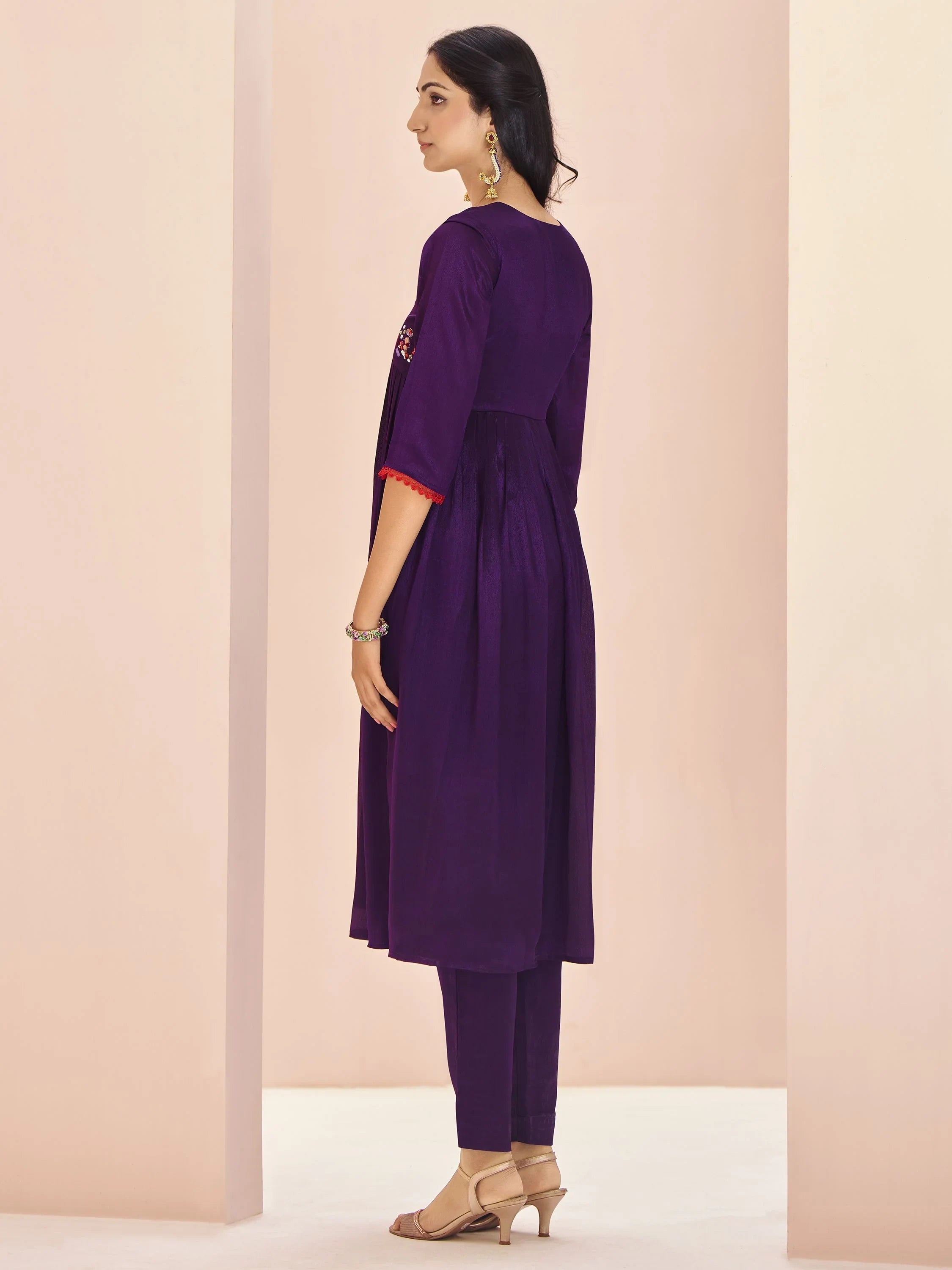 Wine Embroidered Chinon Traditional Pant Suit