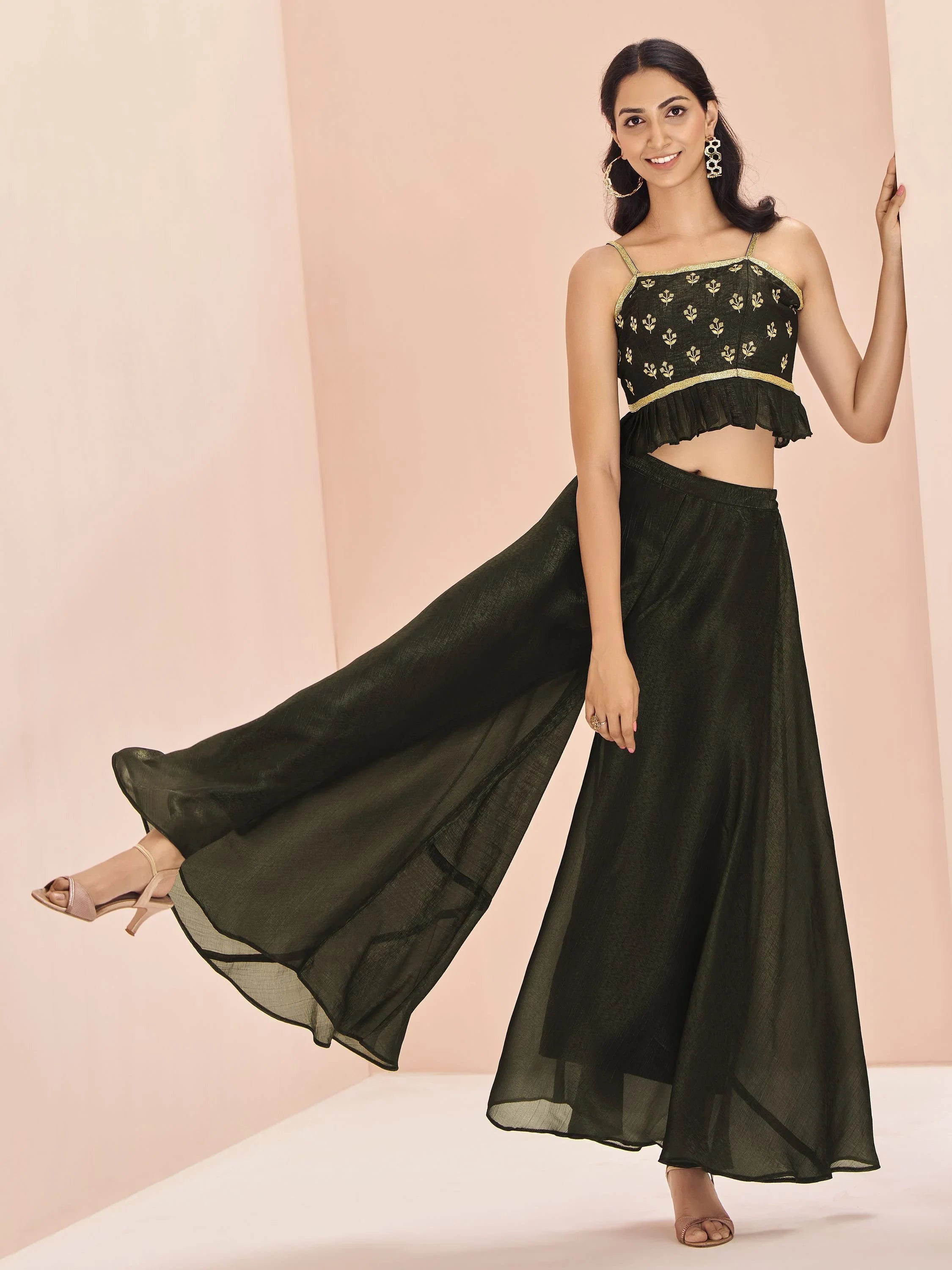 Black Embroidered Art Silk Designer Crop Top With Palazzo