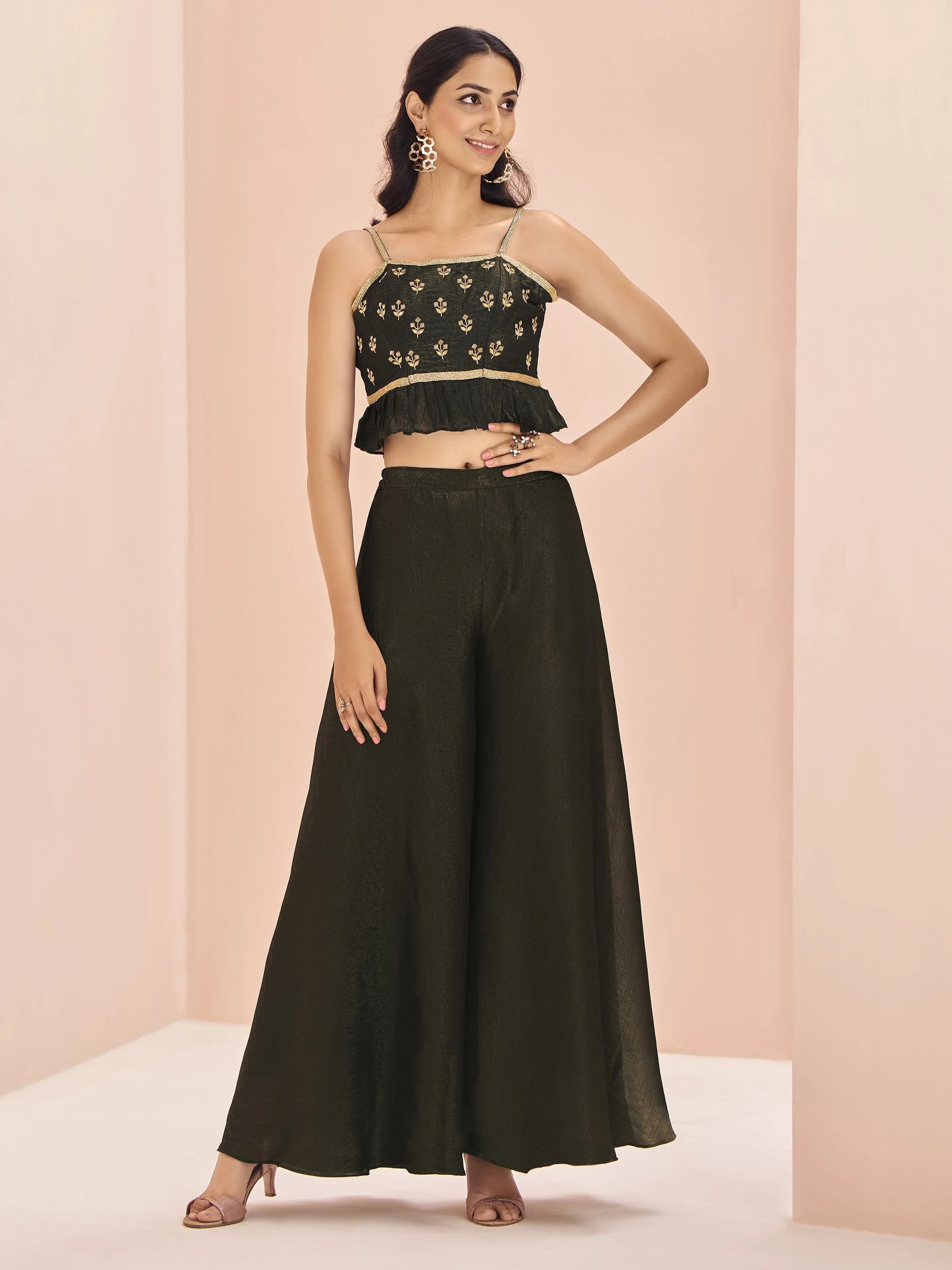 Black Embroidered Art Silk Designer Crop Top With Palazzo