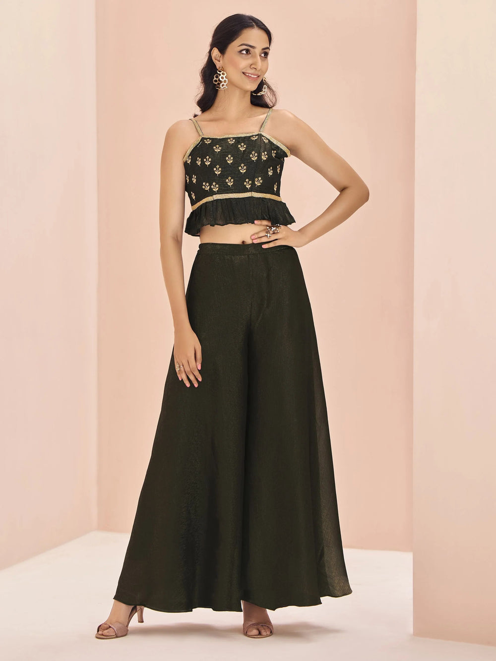 Black Embroidered Art Silk Designer Crop Top With Palazzo