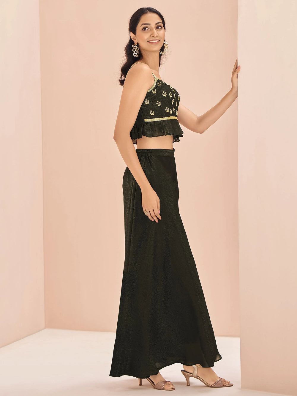 Black Embroidered Art Silk Designer Crop Top With Palazzo