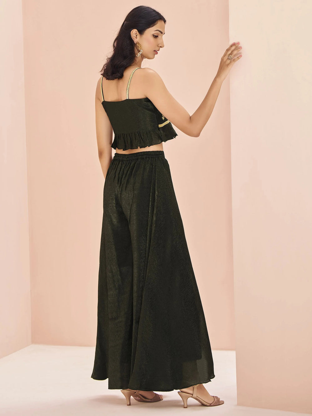 Black Embroidered Art Silk Designer Crop Top With Palazzo