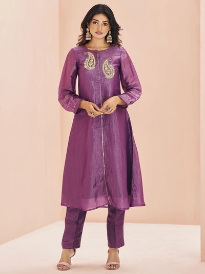 Purple Embroidered Organza Event Wear Pant Suit