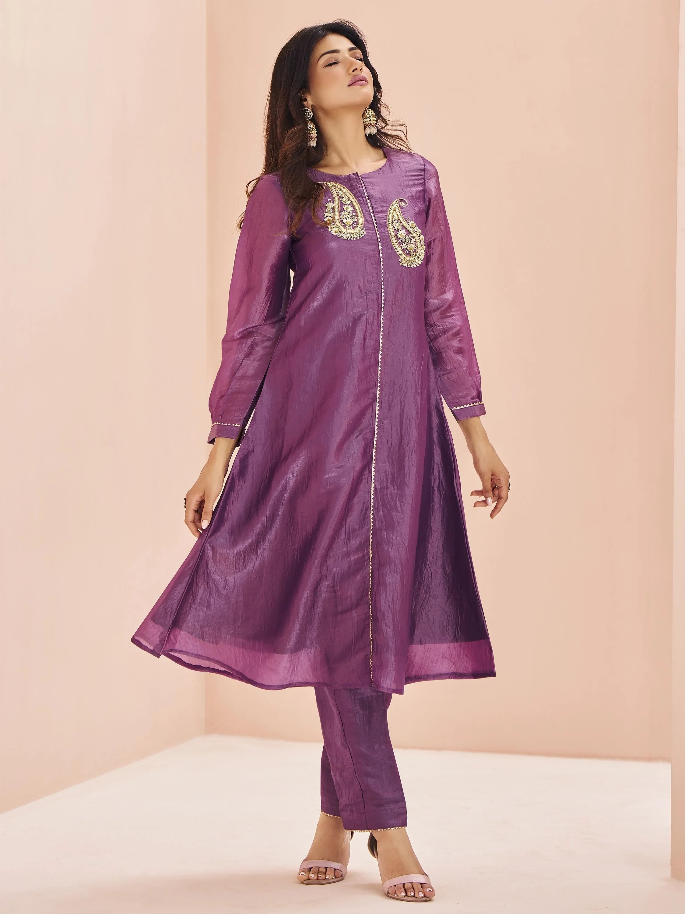 Purple Embroidered Organza Event Wear Pant Suit