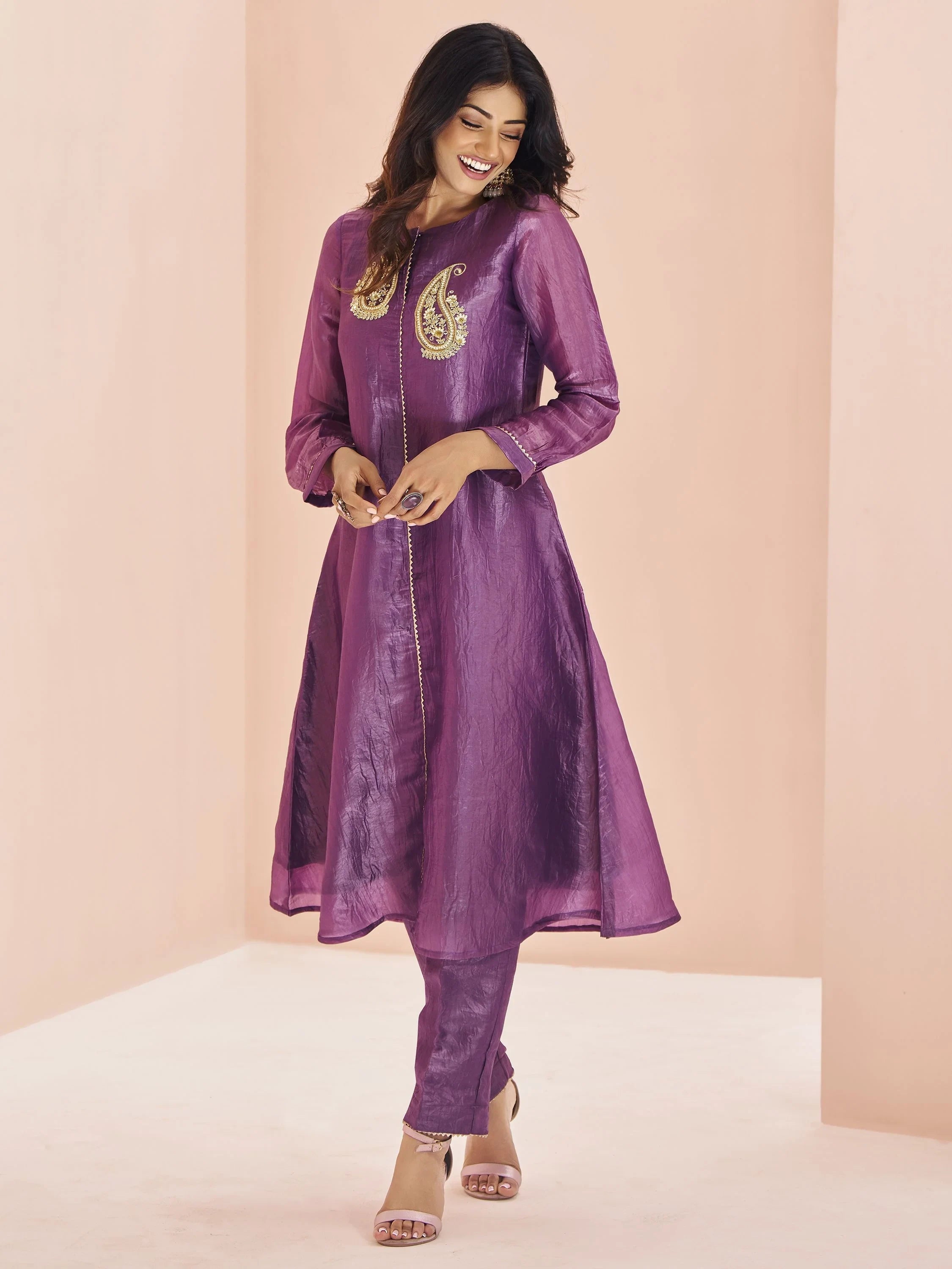 Purple Embroidered Organza Event Wear Pant Suit