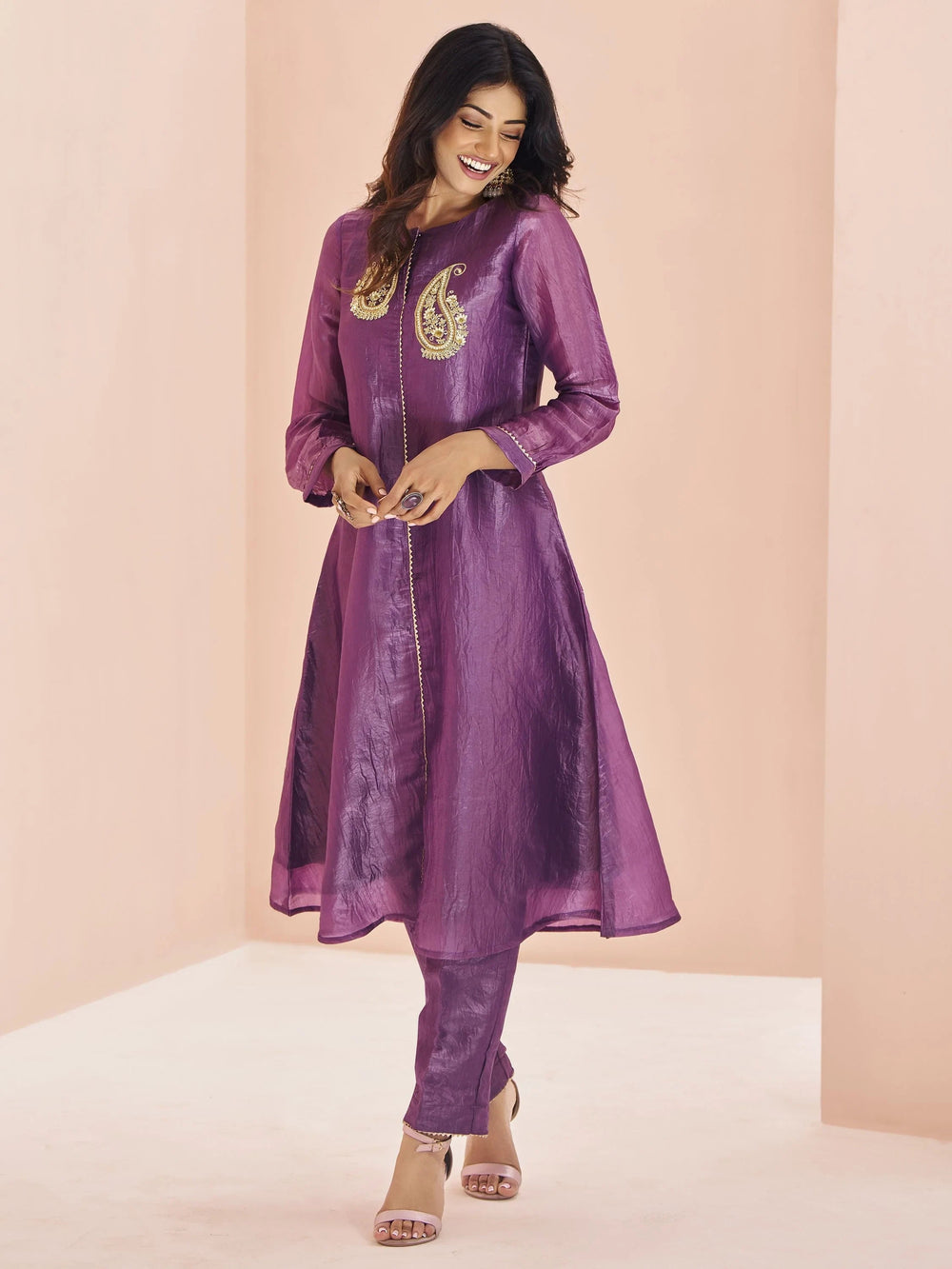 Purple Embroidered Organza Event Wear Pant Suit