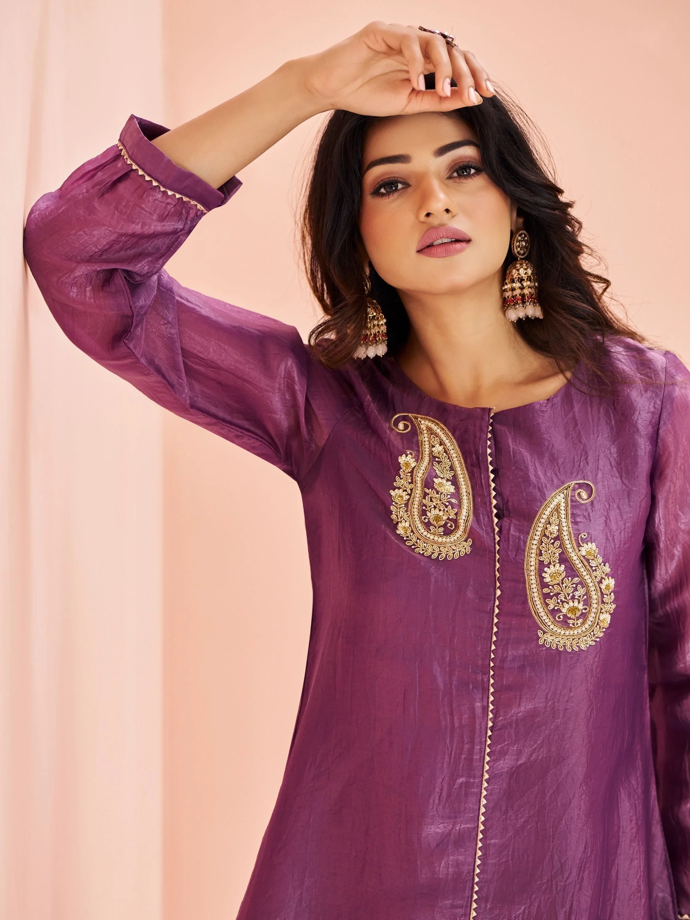 Purple Embroidered Organza Event Wear Pant Suit
