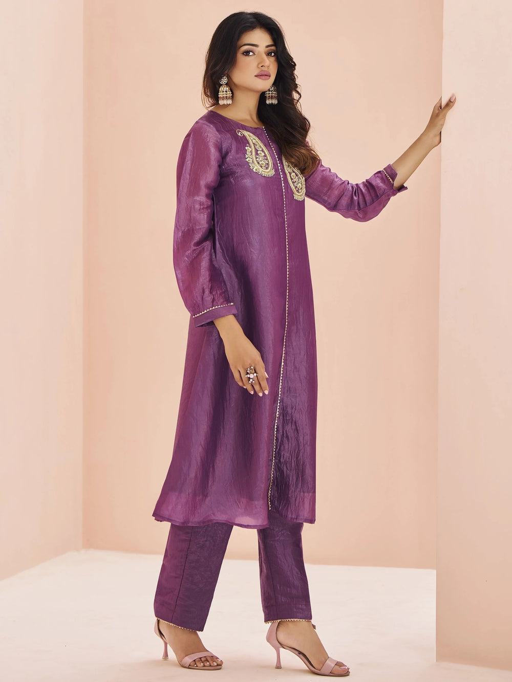 Purple Embroidered Organza Event Wear Pant Suit