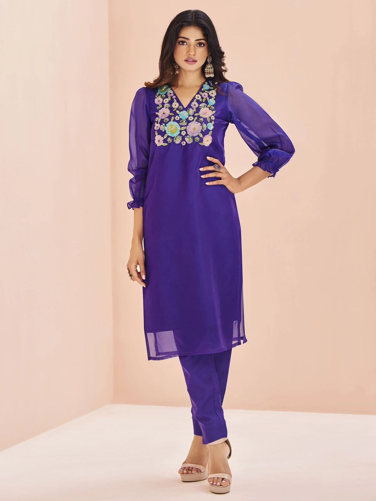 Purple Sequins Organza Readymade Pant Suit
