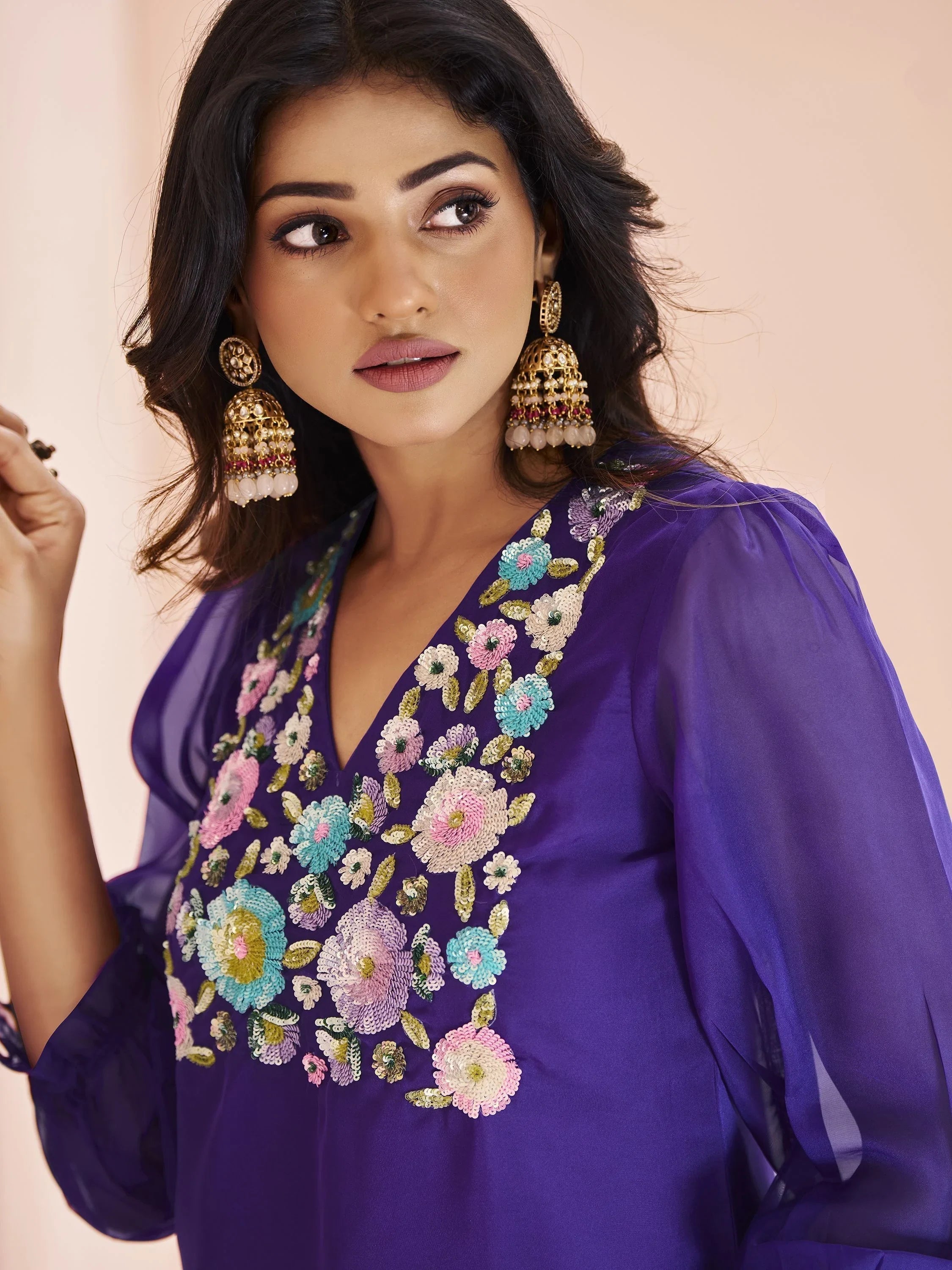 Purple Sequins Organza Readymade Pant Suit