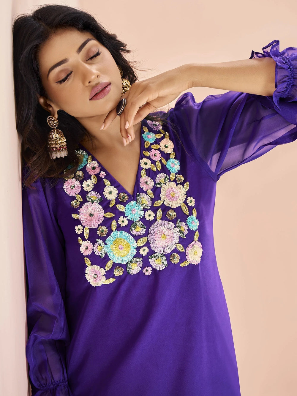 Purple Sequins Organza Readymade Pant Suit
