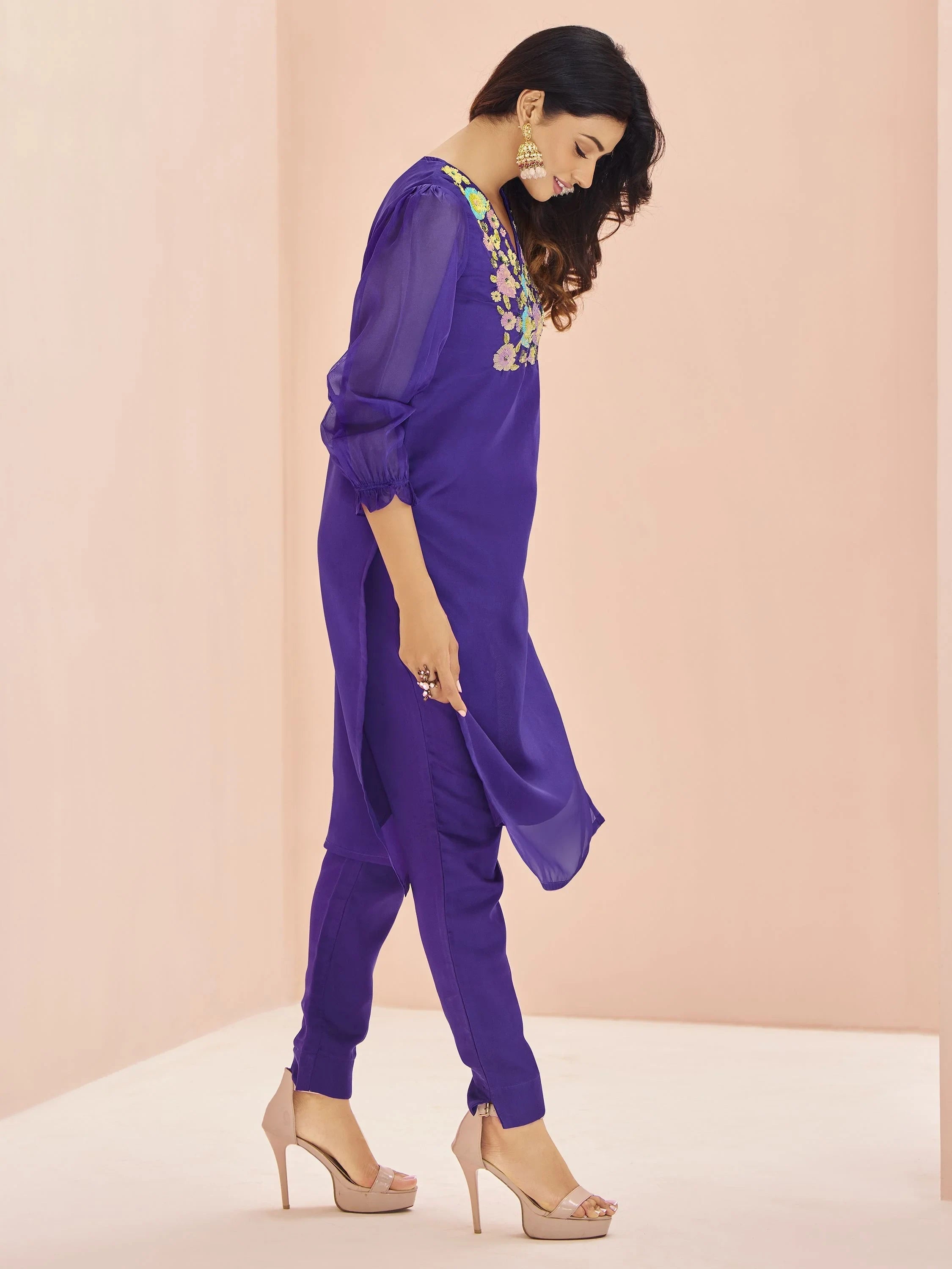Purple Sequins Organza Readymade Pant Suit