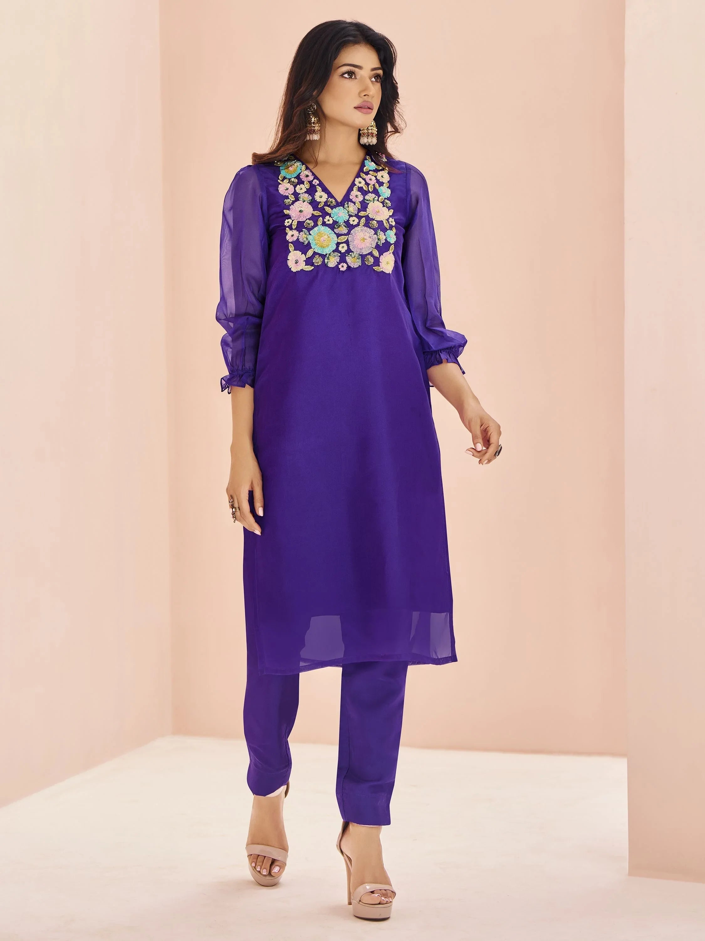 Purple Sequins Organza Readymade Pant Suit