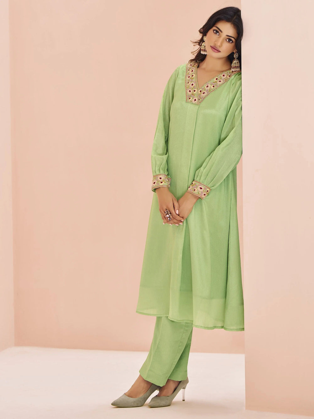 Pista Green Embroidered Chinon Designer Pant Suit