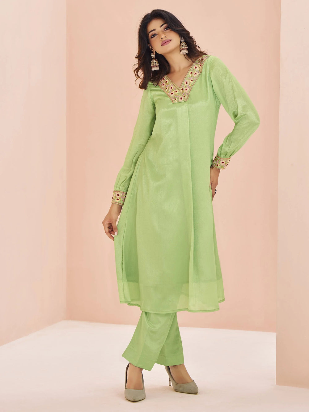 Pista Green Embroidered Chinon Designer Pant Suit