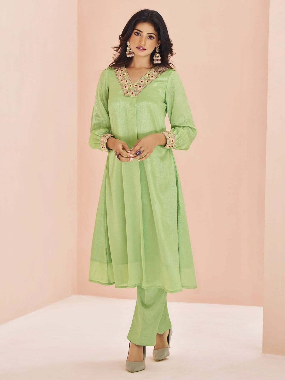 Pista Green Embroidered Chinon Designer Pant Suit