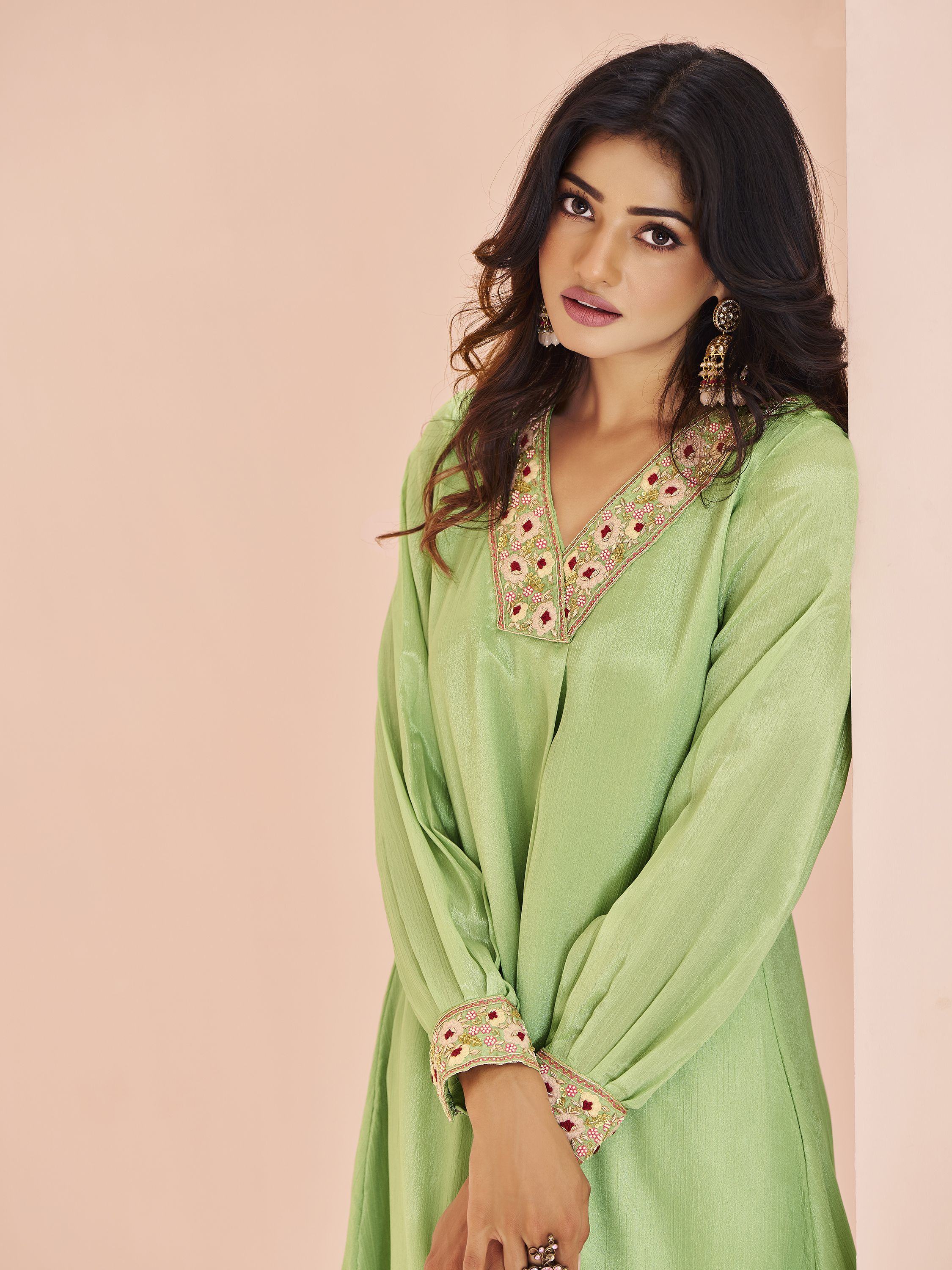 Pista Green Embroidered Chinon Designer Pant Suit