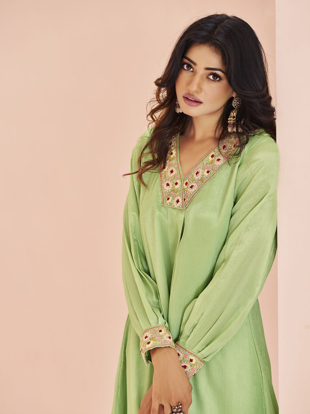 Pista Green Embroidered Chinon Designer Pant Suit