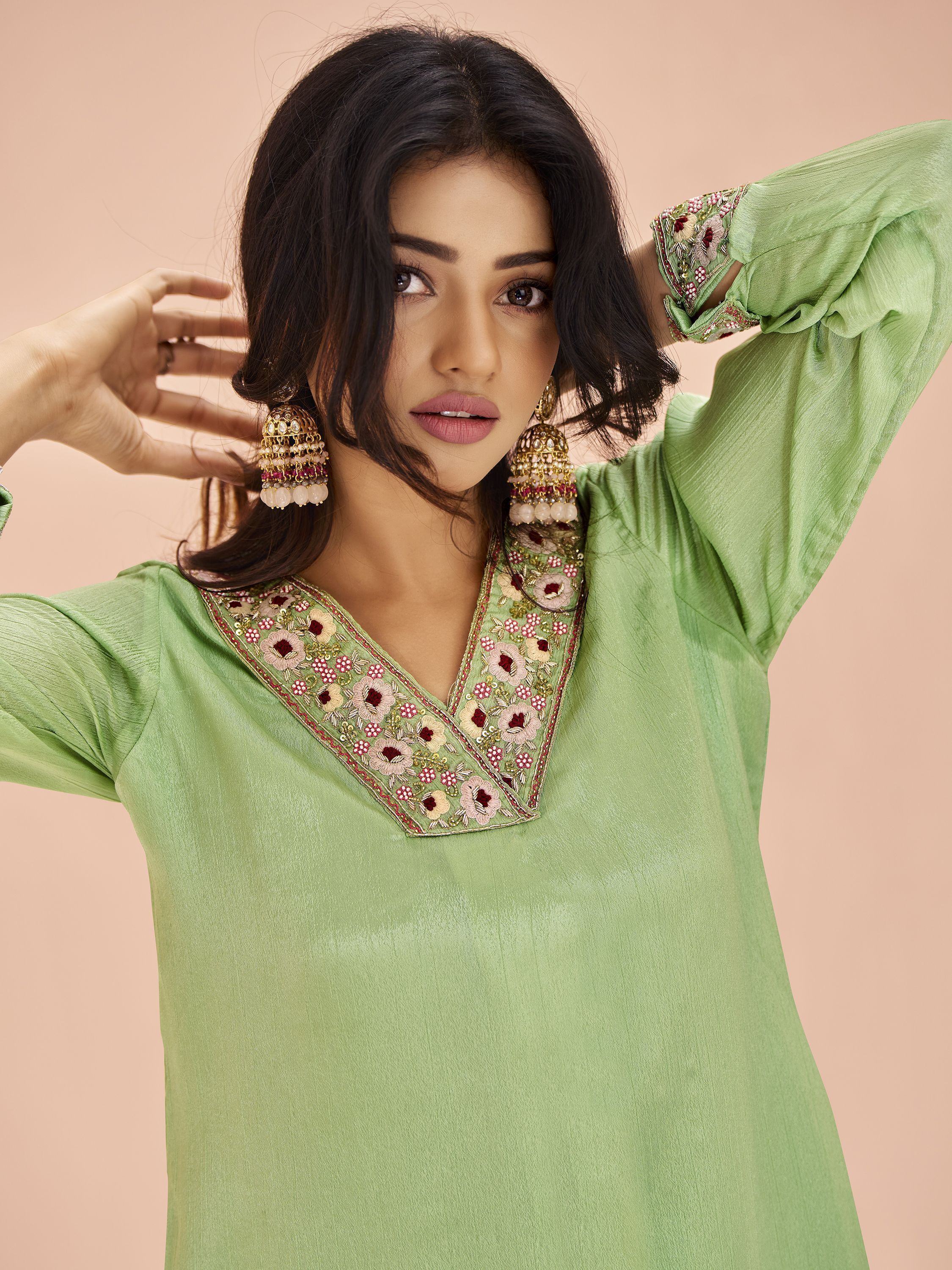 Pista Green Embroidered Chinon Designer Pant Suit