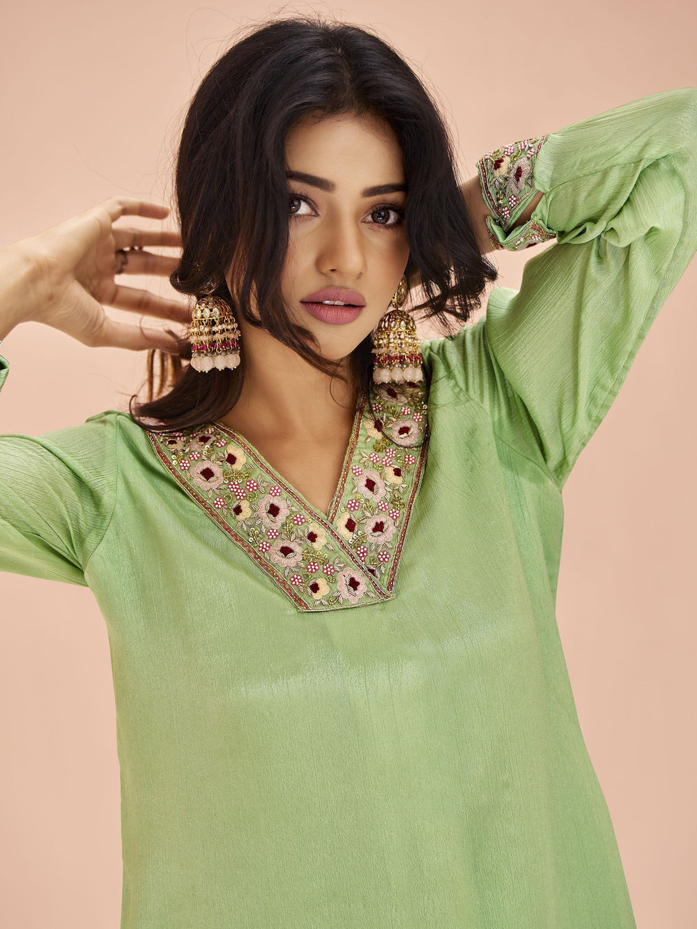 Pista Green Embroidered Chinon Designer Pant Suit