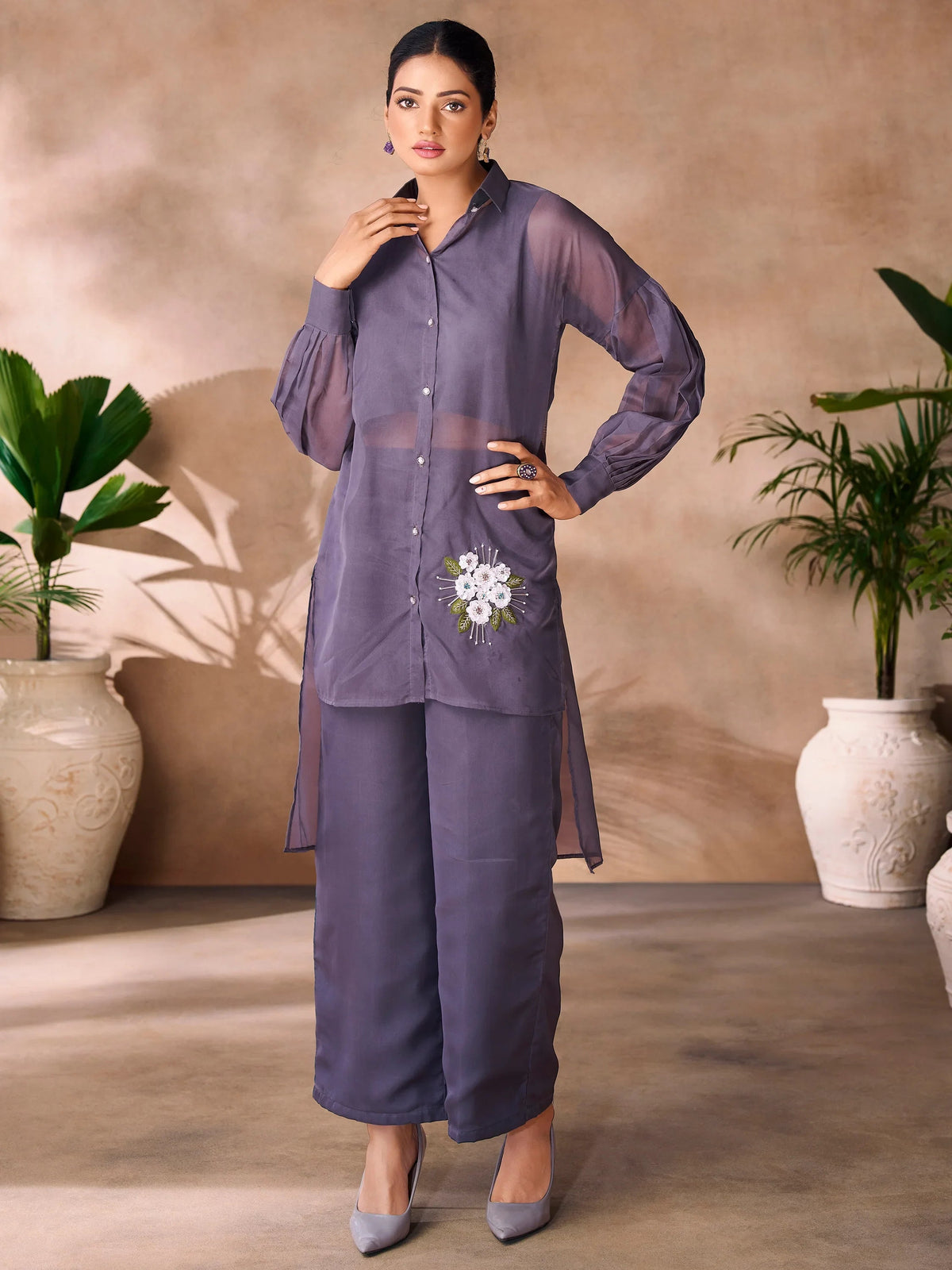Dark Grey Hand Work Organza Western Wear Co-Ord Set