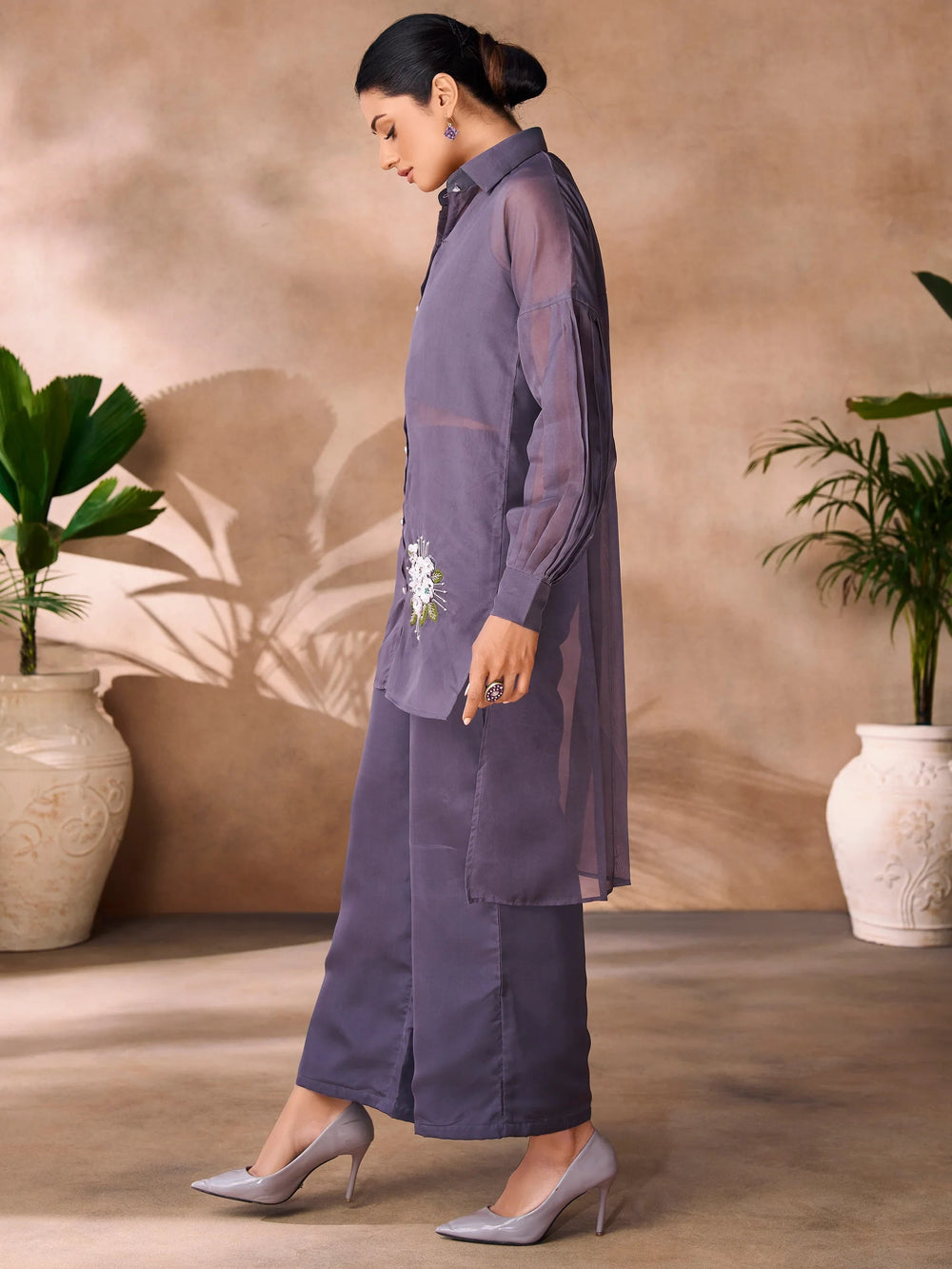 Dark Grey Hand Work Organza Western Wear Co-Ord Set