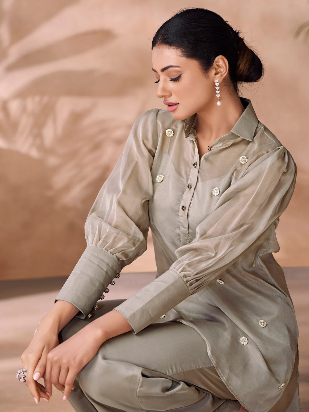 Grey Hand Work Organza Party Wear Co-Ord Set
