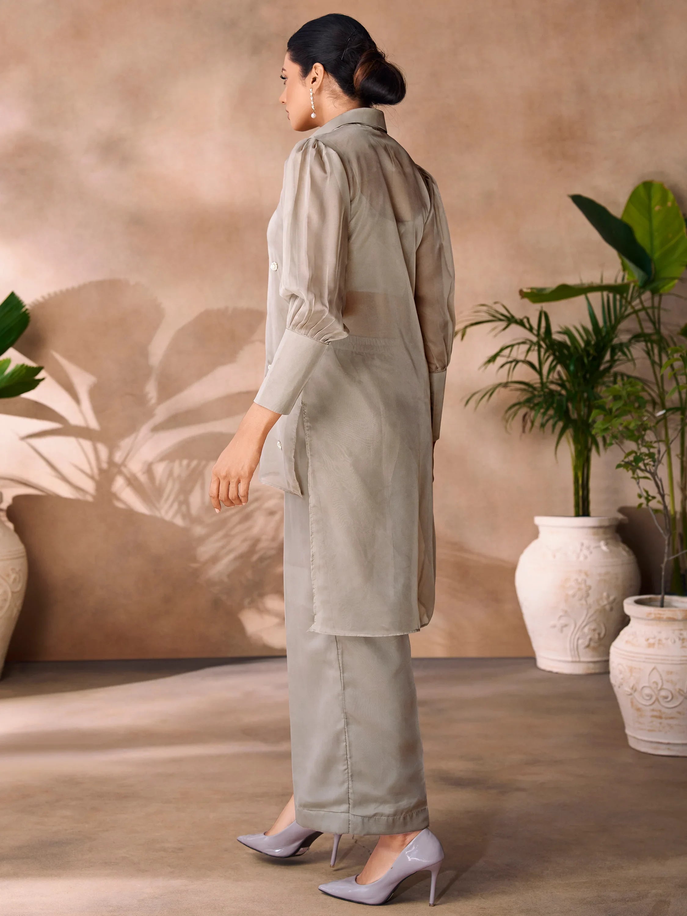 Grey Hand Work Organza Party Wear Co-Ord Set