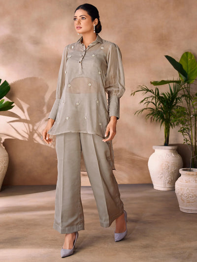 Grey Hand Work Organza Party Wear Co-Ord Set