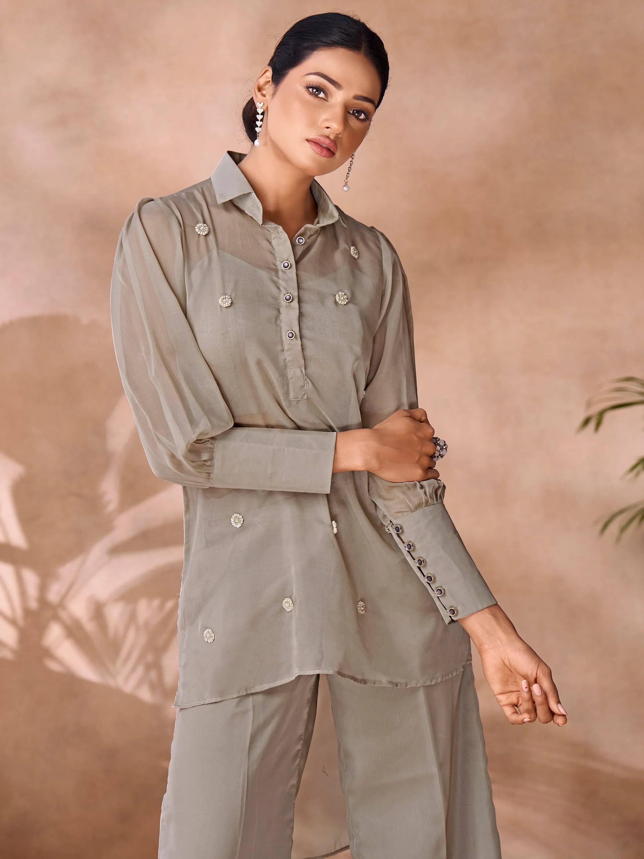 Grey Hand Work Organza Party Wear Co-Ord Set