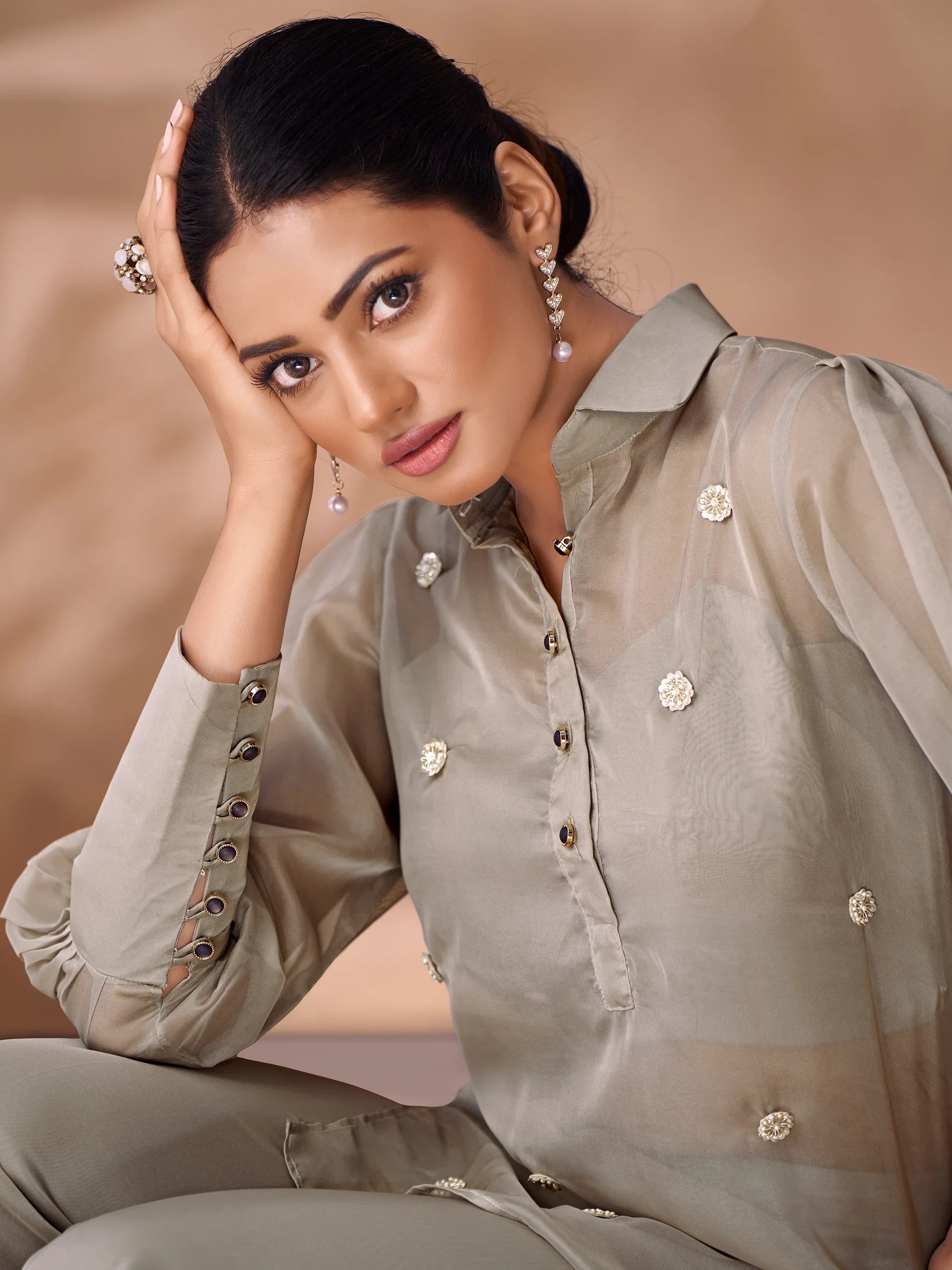 Grey Hand Work Organza Party Wear Co-Ord Set
