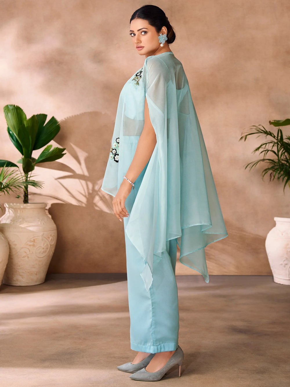 Aqua Blue Hand Work Organza Designer Co-Ord Set
