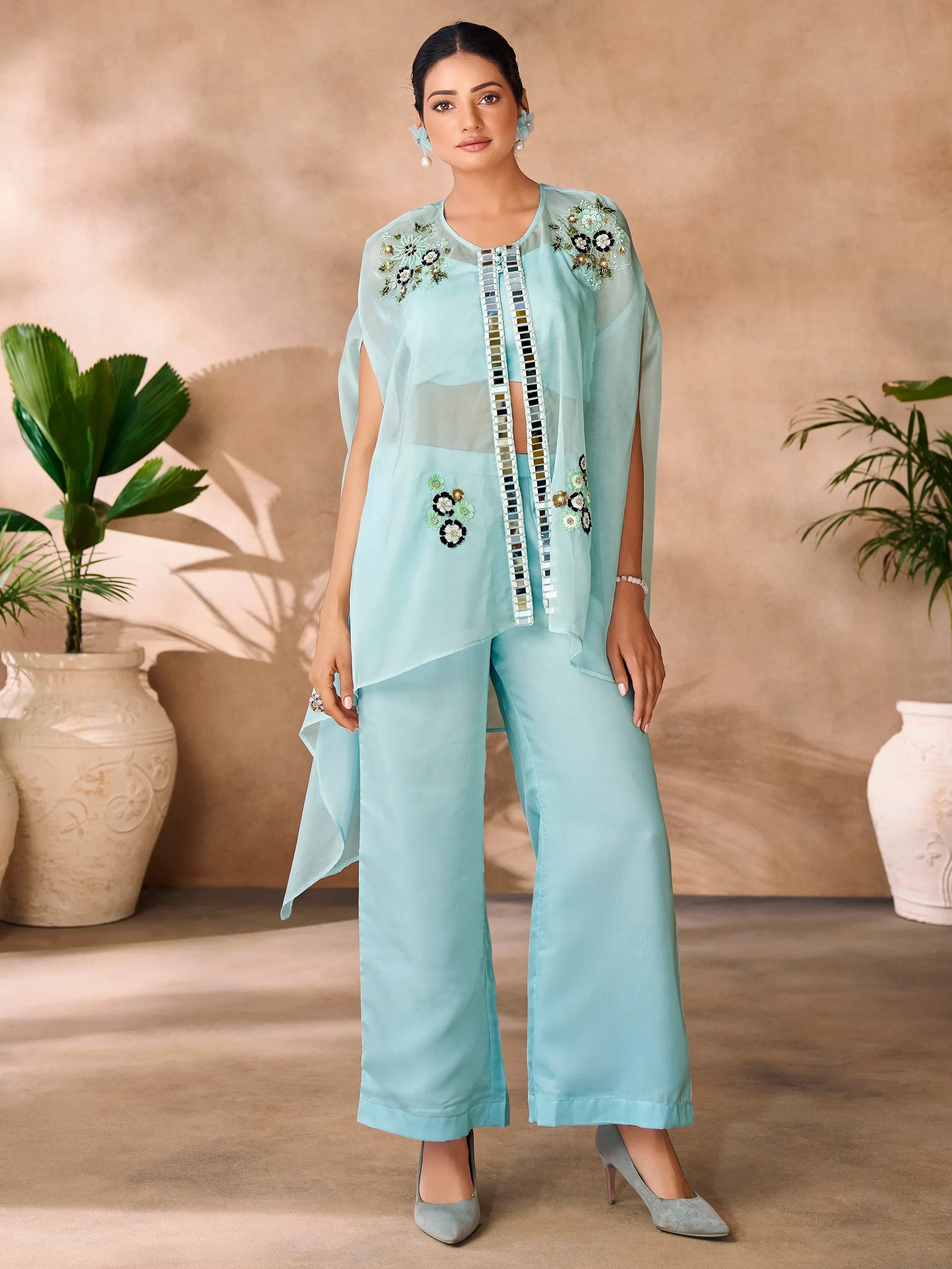 Aqua Blue Hand Work Organza Designer Co-Ord Set